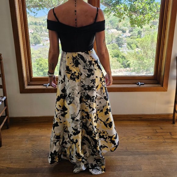 MARINA Yellow & Black Printed Mikado High Low Gown sz 6. - Picture 5 of 8